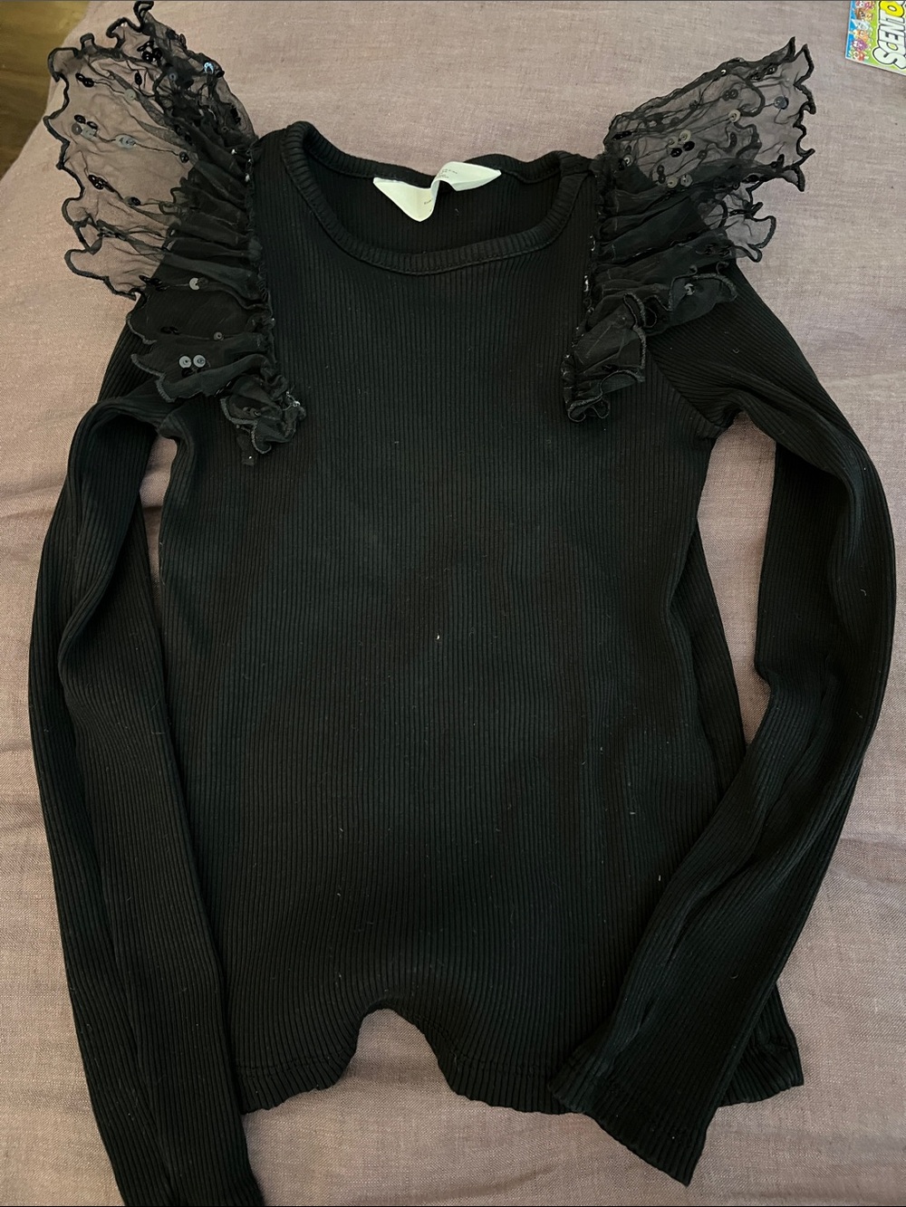 H&M Black Long Sleeve Ribbed Tee with Ruffle Sequin Shoulders